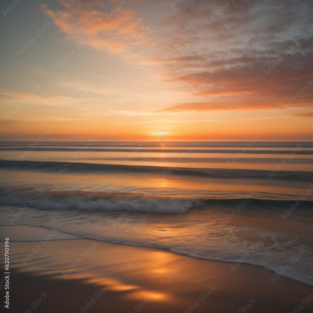 Serene ocean sunset with a palette of warm oranges, pinks, and golden hues