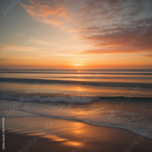 Serene ocean sunset with a palette of warm oranges  pinks  and golden hues