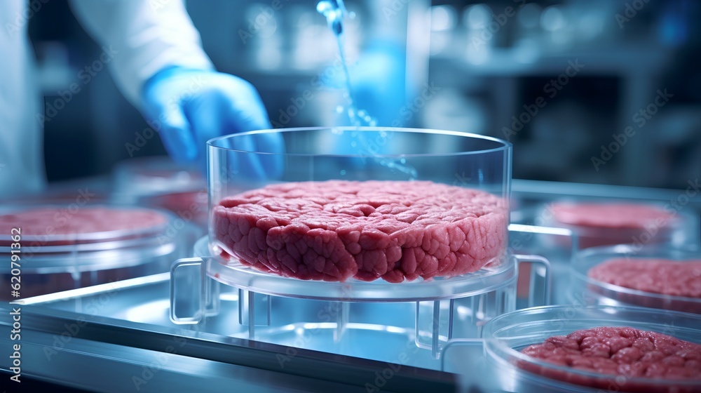 Meat Made In Lab Cultured meat concept, a laboratory setting presents a petri dish ...