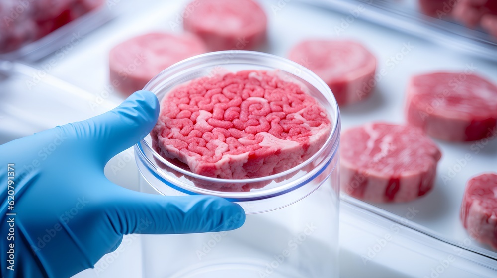 Cultured meat concept, a laboratory setting presents a petri dish nurturing lab-grown meat, promising sustainable food solutions. Generative AI Cultured meat concept, a laboratory setting presents a petri dish nurturing lab-grown meat, promising sustainable food solutions. Generative AI