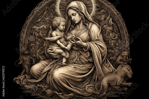 Photo illustration of the Orthodox Mother of God Virgin Mary with the baby biblical picture AI © Vitalii But
