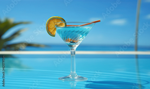  a blue cocktail with a slice of orange on the rim. generative ai