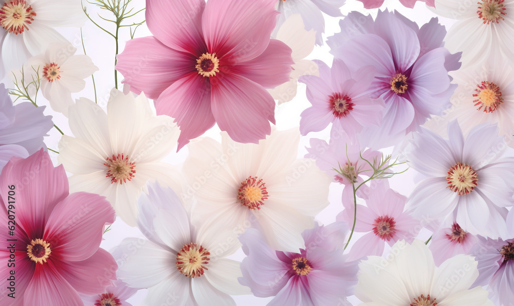  a bunch of flowers that are on a white background with pink and white flowers.  generative ai