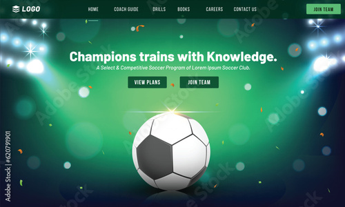 Soccer Champions Trains with Knowledge Game App or Responsive Template Design with Closeup Football on Bokeh Light Background.