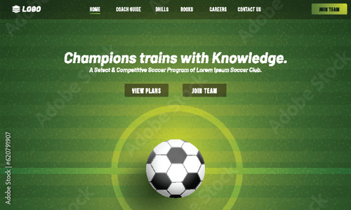 Soccer Champions Trains with Knowledge Game Website or Responsive App Design with Closeup Football on Center Field.