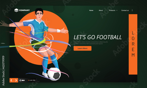 Lets Go Football Tournament Landing Page or Web Banner Design with Soccer Player Character Kicking Football on Green Abstract Background.