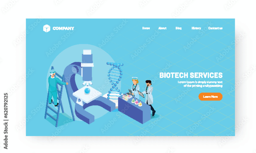 Biotech Services Based Landing Page Design with Illustration of Scientists Doing Research in Laboratory and DNA Structure.