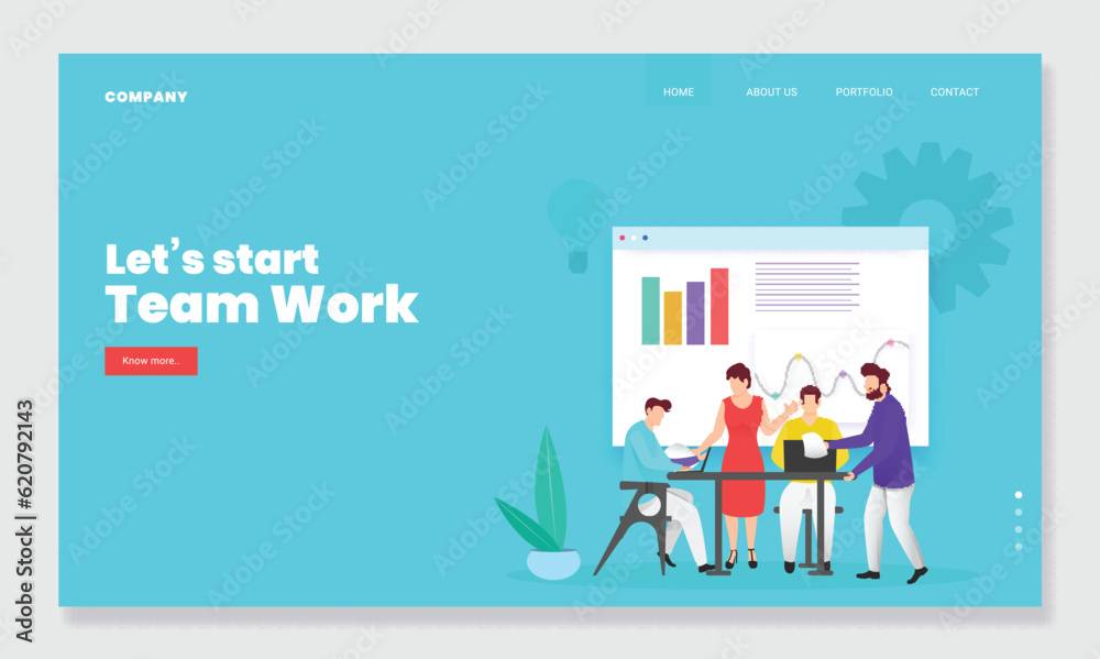 Teamwork Based Landing Page Design, Illustration of Business People Working Together at Workplace and Infographic Presentation.