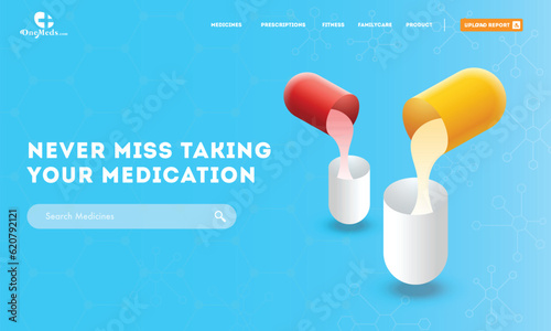 Responsive Web Banner or Landing Page Design with Given Message "Never Miss Taking Your Medicine" for Medical Concept.