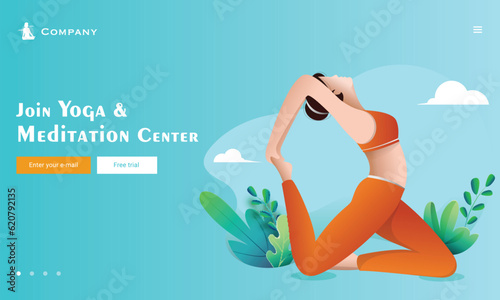 Join Yoga and Meditation Center Landing Page with Illustration of Young Woman Doing Yoga Asana and Leaves on Turquoise Background. © Abdul Qaiyoom