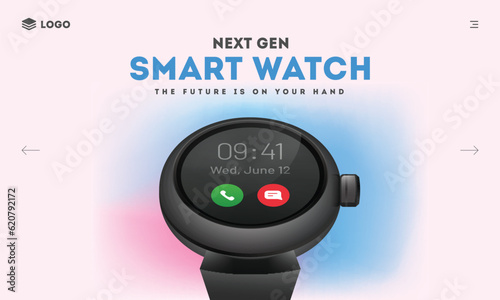 Landing Page or Hero Image with Realistic Smart Watch Illustration, Next Generation.
