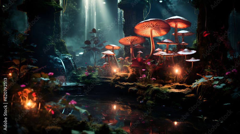 Naklejka premium A mystical fountain hidden deep within a labyrinthine forest, its water infused with ethereal hues