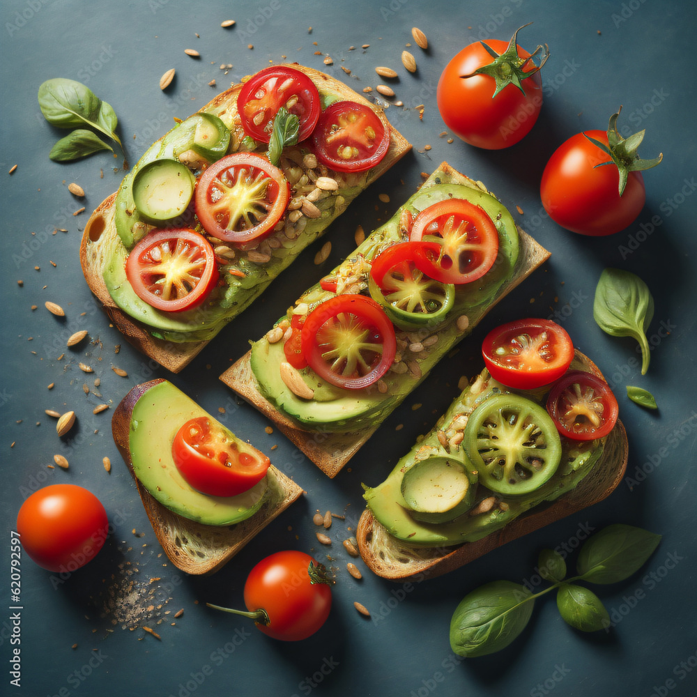 Green goddess avocado toast, featuring a thick slice of whole-grain toast topped with a creamy avocado spread, adorned with sliced tomatoes, sprouts, and a sprinkle of seeds Green goddess avocado toast, featuring a thick slice of whole-grain toast topped with a creamy avocado spread, adorned with sliced tomatoes, sprouts, and a sprinkle of seeds