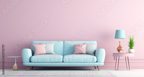 portrait of living room interior with minimalist style decoration and bright pastel color background  generative ai
