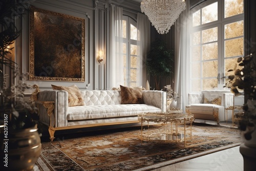 Opulent gold & white living room with plush sofa. Generative AI