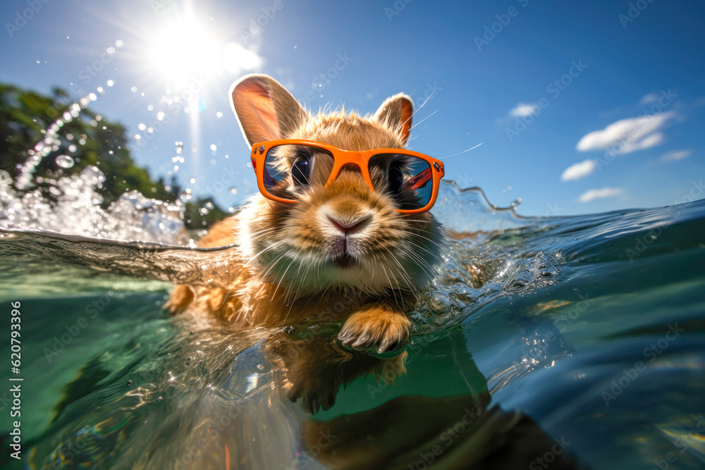Cute Bunny Holland Lop Rabbit wearing glasses swimming the beach in ...
