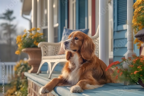 a dog sitting on the porch of the house