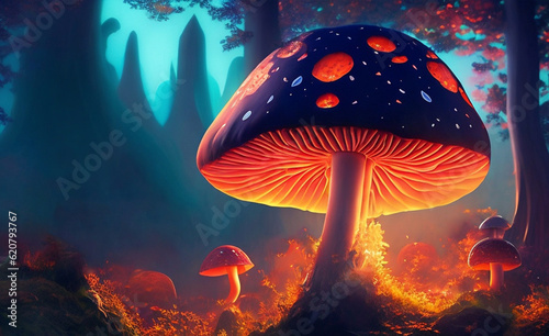 Fantasy mushroom their vibrant colors contrasting against the sunset. 