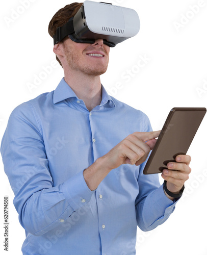 Digital png photo of caucasian businessman with vr headset and tablet on transparent background