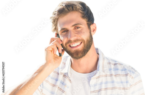 Digital png photo of smiling caucasian man using smartphone on transparent background