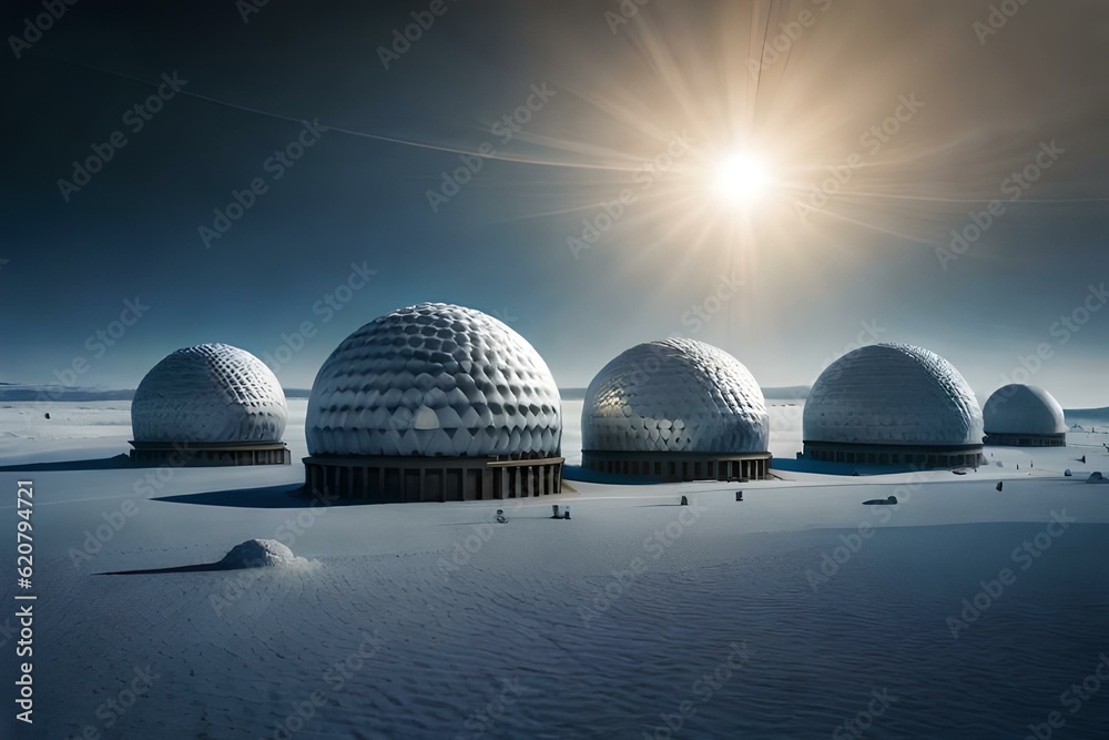 Obraz premium A cluster of transparent geodesic domes housing a lunar research facility, where scientists and researchers conduct experiments and study the unique properties of the moon.