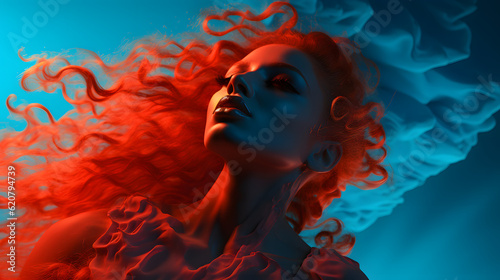 merged into a mountain is a beautiful woman, dynamic composition and dramatic lighting, blue, turquoise, red