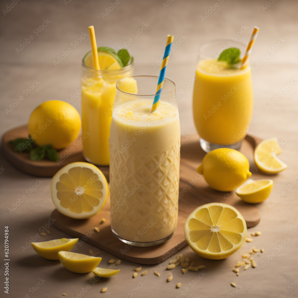 a citrus smoothie and a zesty lemonade shake, garnished with lemon slices and a sprinkle of citrus zest. Beige background a citrus smoothie and a zesty lemonade shake, garnished with lemon slices and a sprinkle of citrus zest. Beige background