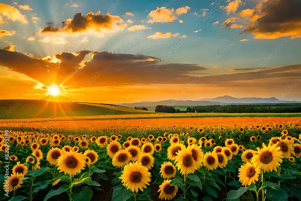 field of sunflowers and sun AI Generated