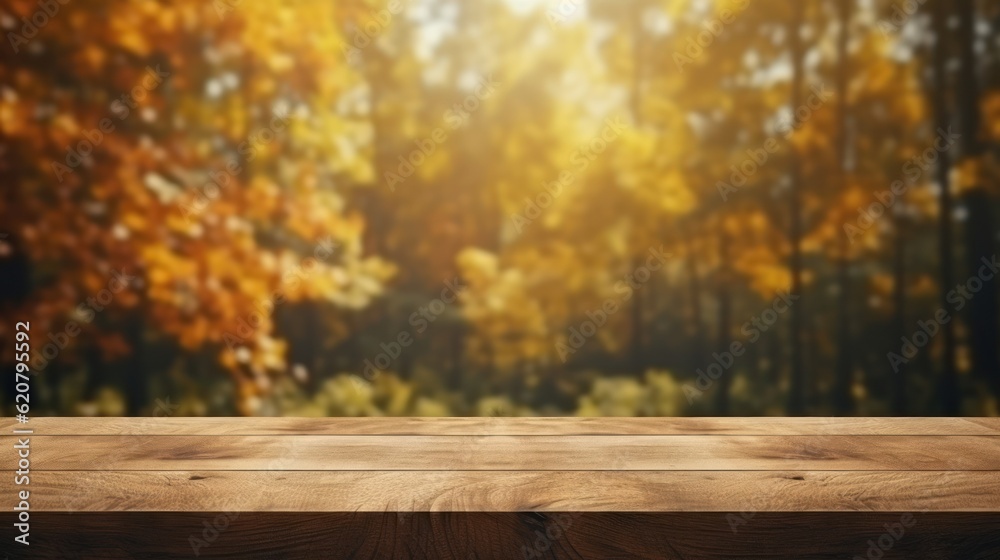 Empty Wooden Table for Product Display on Autumn Nature Background. Generative Ai Empty Wooden Table for Product Display on Autumn Nature Background. Generative Ai