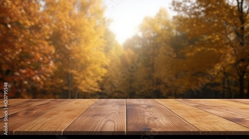 Empty Wooden Table for Product Display on Autumn Nature Background. Generative Ai