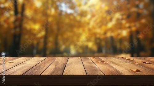 Empty Wooden Table for Product Display on Autumn Nature Background. Generative Ai
