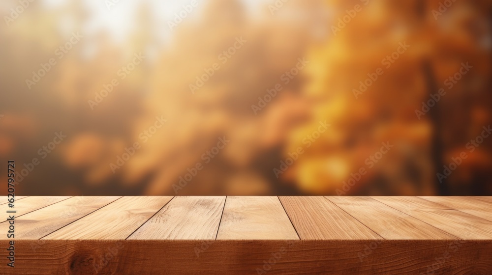 Empty Wooden Table for Product Display on Autumn Nature Background. Generative Ai Empty Wooden Table for Product Display on Autumn Nature Background. Generative Ai