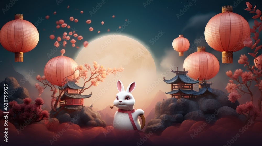 Cheerful Rabbit Celebrating Mid Autumn, Happy Mid Autumn Festival Background. Generative Ai