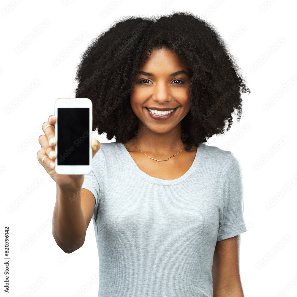 Phone, portrait and smile with a black woman isolated on a transparent background showing an empty display screen for communication. Mobile, app or branding with a happy young brand ambassador on PNG Phone, portrait and smile with a black woman isolated on a transparent background showing an empty display screen for communication. Mobile, app or branding with a happy young brand ambassador on PNG