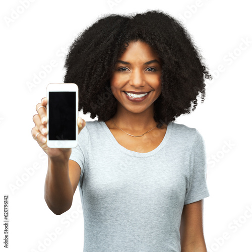 Phone, portrait and smile with a black woman isolated on a transparent background showing an empty display screen for communication. Mobile, app or branding with a happy young brand ambassador on PNG