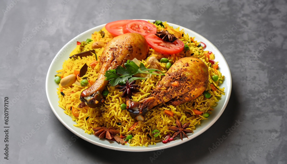 plate of biryani colorful spices chicken tasty South Asian Desi Food Grey Background	
