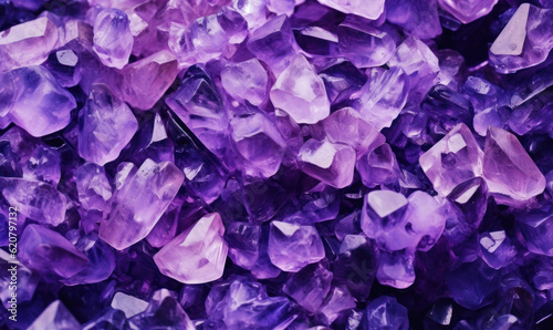 Amethyst stones Background. Purple minerals banner. For postcard, book illustration.