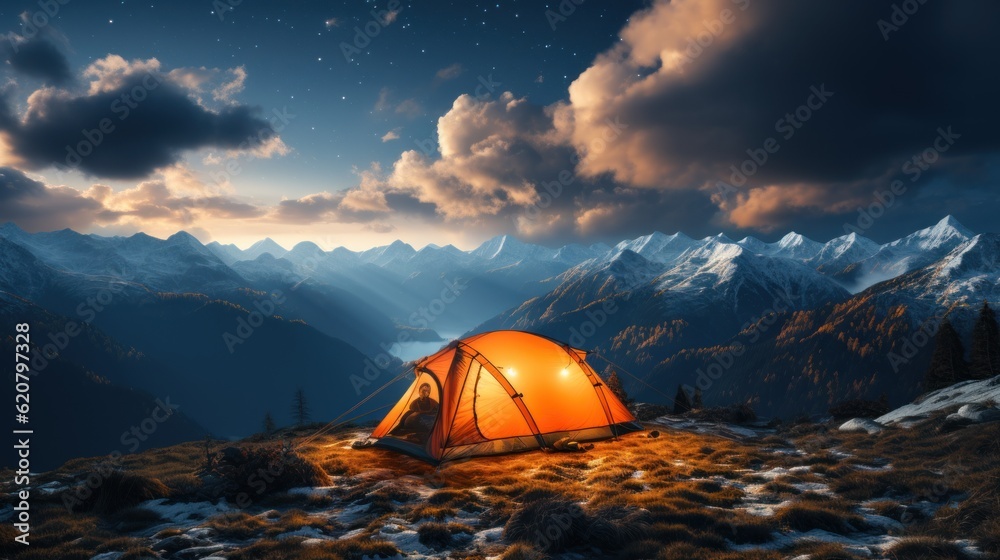 yellow tent lying on a high mountain night shot