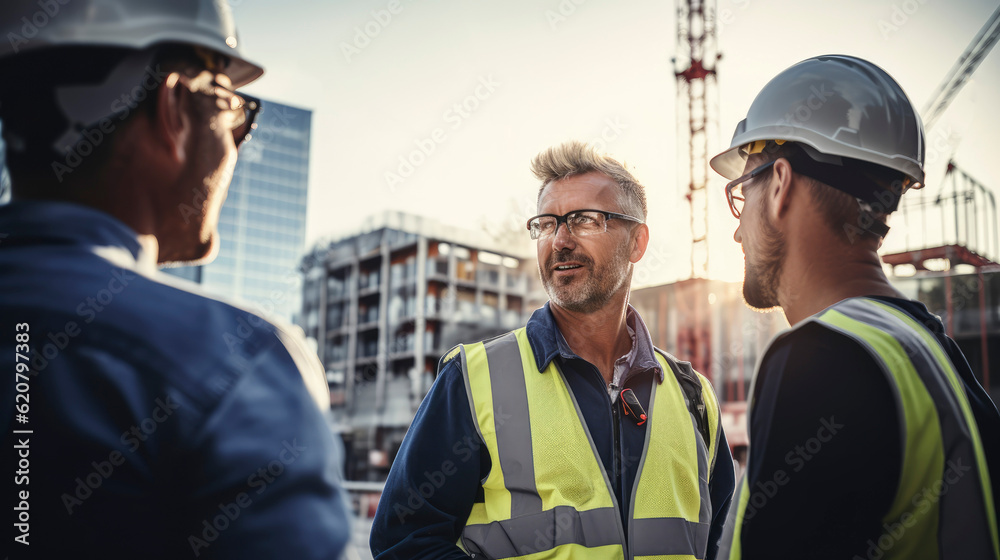 Generative AI Construction manager talking about architectural plan at construction site Generative AI Construction manager talking about architectural plan at construction site