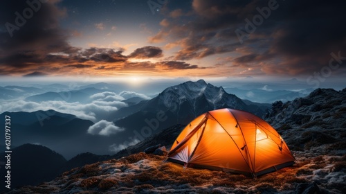 Orange tent, lying on a high mountain, watching the Milky Way stars, full sky. Banner with copy space.