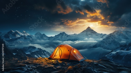 Orange tent  lying on a high mountain  watching the Milky Way stars  full sky. Banner with copy space.