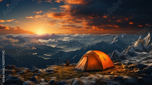 Orange tent, lying on a high mountain, watching the Milky Way stars, full sky. Banner with copy space.