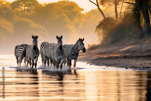 Tela herd of zebras crossing the river