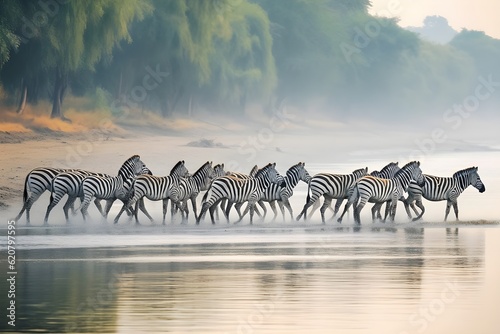 herd of zebras crossing the river
