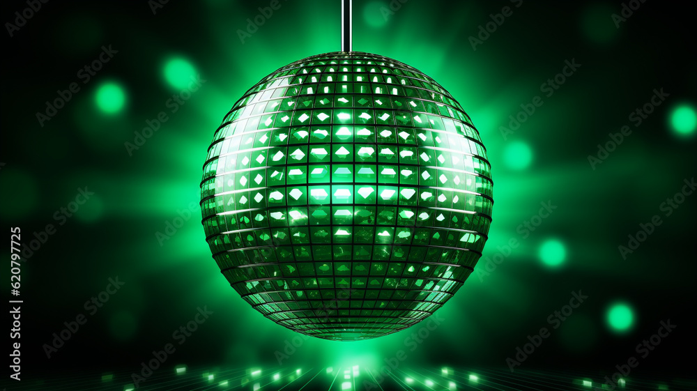 Obraz premium grüne Discokugel mit Lichtern und Lichteffekten. Querformat. Generative Ai.