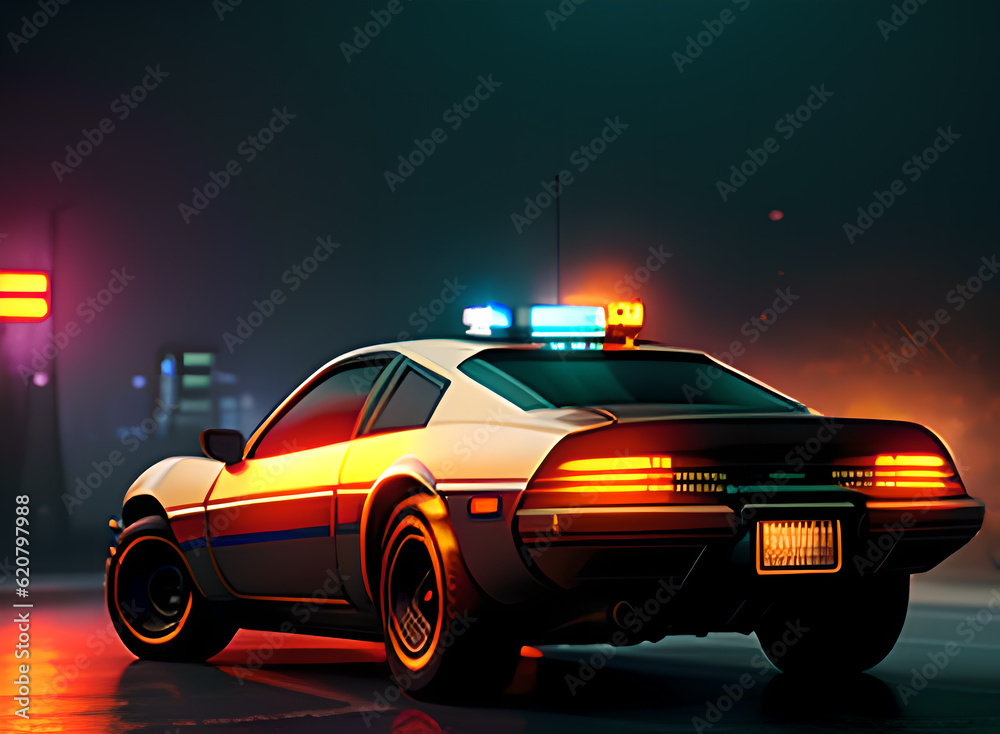 Police car concept on the background of the night city, cyberpunk style Generative AI Police car concept on the background of the night city, cyberpunk style Generative AI