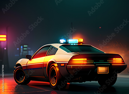 Police car concept on the background of the night city, cyberpunk style Generative AI