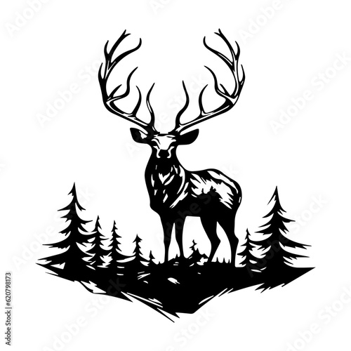 Vector vintage forest landscape with black and white silhouettes of trees and wild animals, vector illustration.