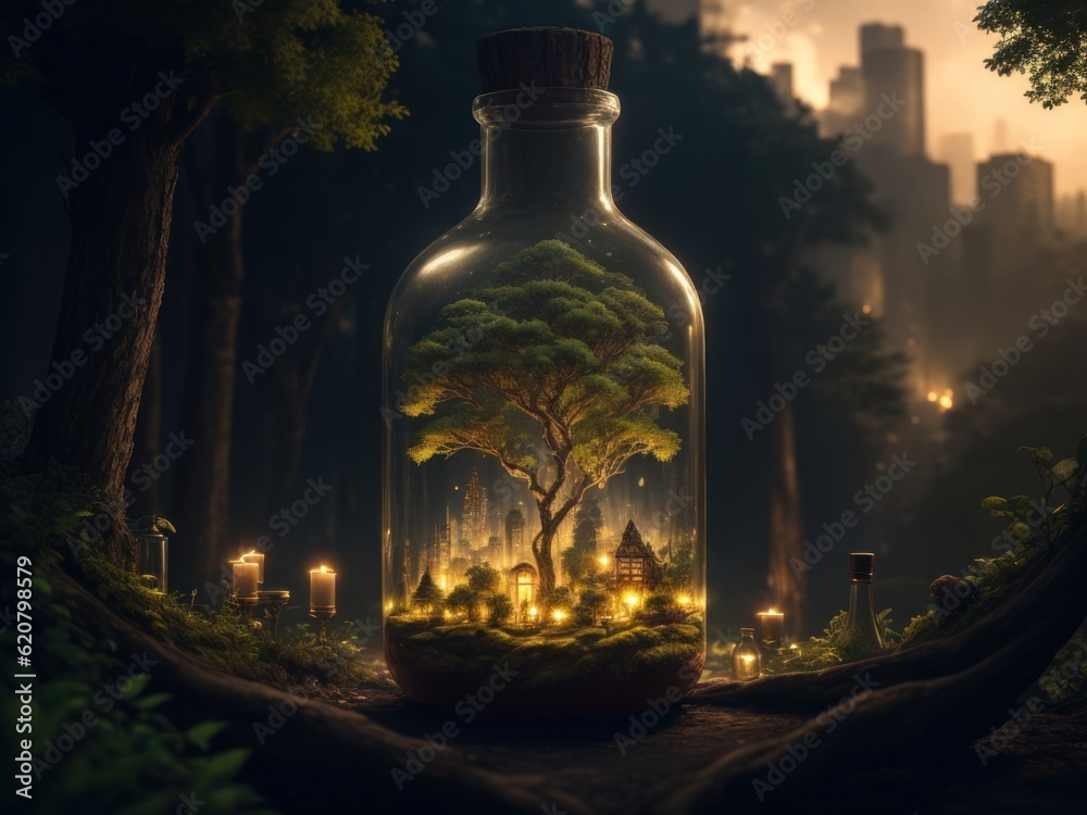 packed jar A small town rich in green forest, set on a wooden table, a big city backdrop full of pollution, the concept of preserving the remaining forests.generative AI