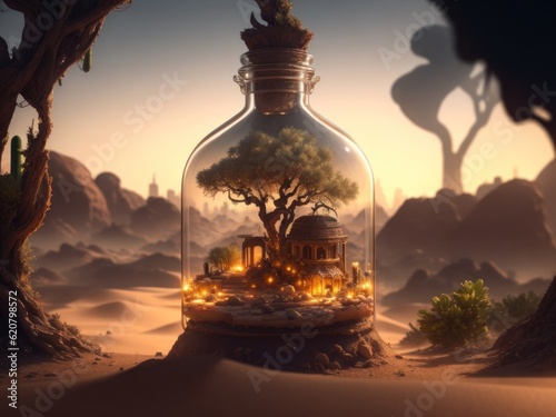 packed jar A small town rich in green forest, set on a wooden table, a backdrop of a polluted big city and arid desert, the concept of preserving the remaining forests.generative AI
